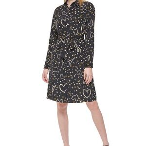 Karl Lagerfield Paris NWT size 14 belted‎ shirtdress ,black w gold & white print